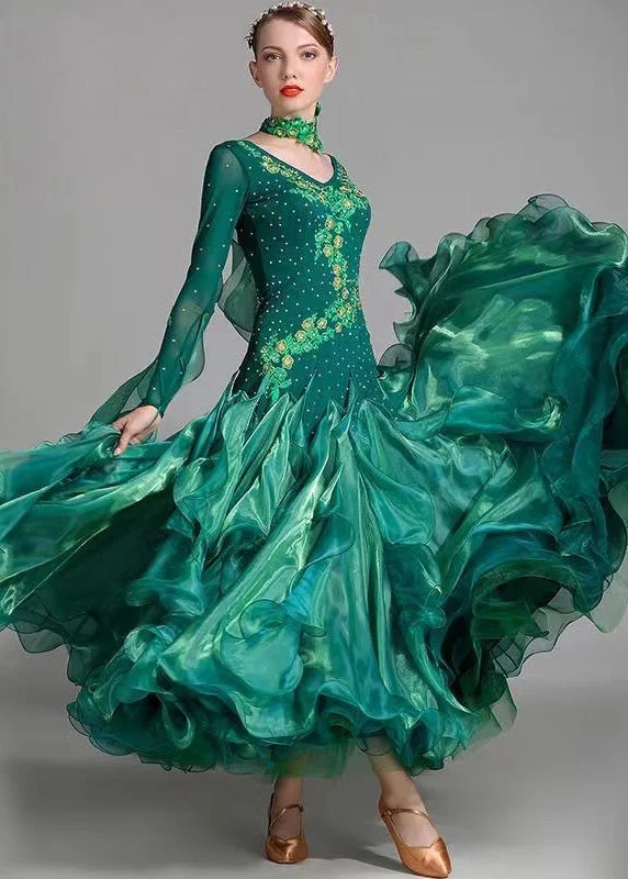 Trend Alert Original Blackish Green Embroideried Zircon Patchwork Tulle Dance Dress Long Sleeve