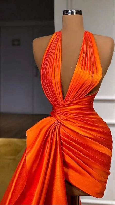 Exclusive Discount Sexy Halter Mermaid Orange Satin Prom Dresses Y6622