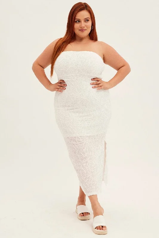 Special Occasion Wear White Bodycon Dress Strapless Midi Textured