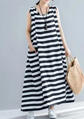 Stylish Looks Loose sleeveless o neck black striped cotton robes Dress summer