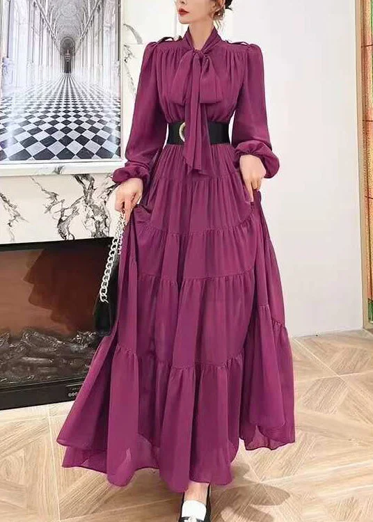 Big Savings Elegant Purple Lace Up Wrinkled Patchwork Chiffon Dress Long Sleeve