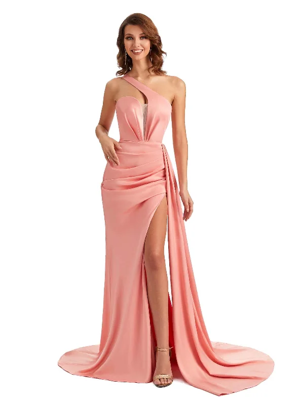 Exclusive Discount Sexy One Shoulder Soft Satin Side Slit Long Mermaid Wedding Guest Dresses