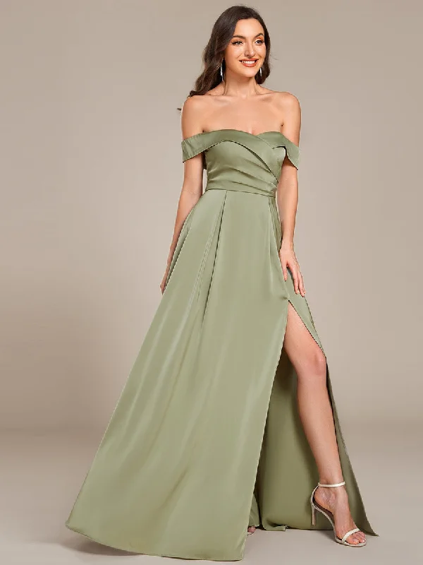 Elegant Style Off Shoulder Short Sleeves Pleated A-Line Floor-Length Bridesmaid Dress