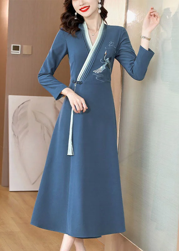 Fashion Forward Elegant Blue Embroidered Button Long Dress Long Sleeve