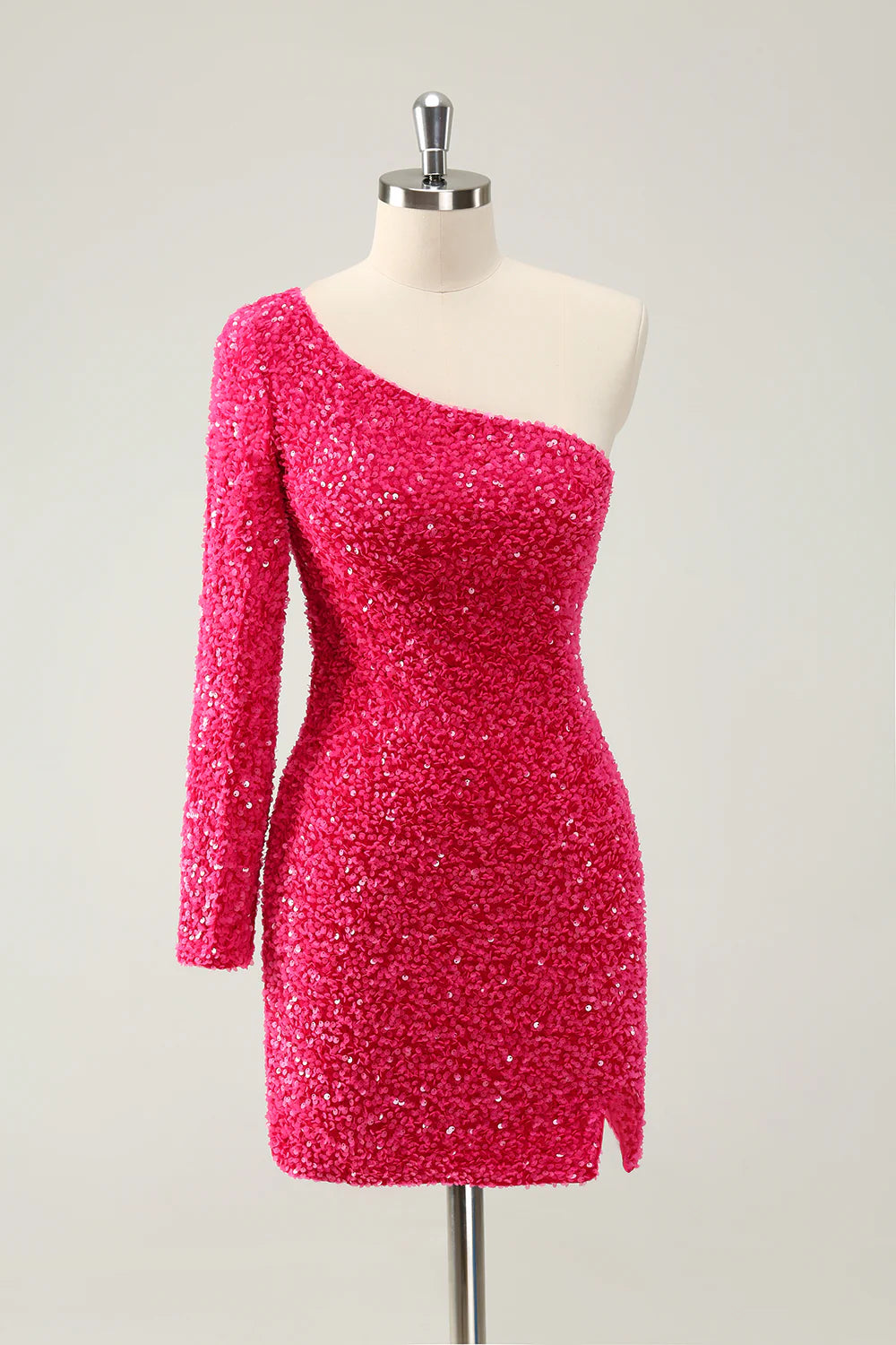 Parisian Effortless Chic Style Amzcw Sparkly Hot Pink Bodycon One Shoulder Long Sleeve Short Homecoming Dress with Slit