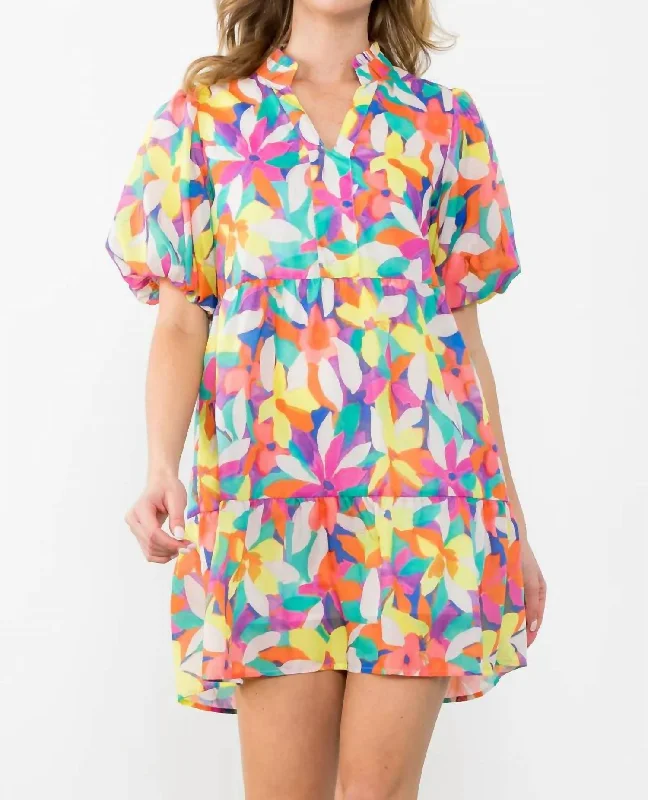 Last Chance Sale Puff Sleeve Floral Print Dress In Pink Multi