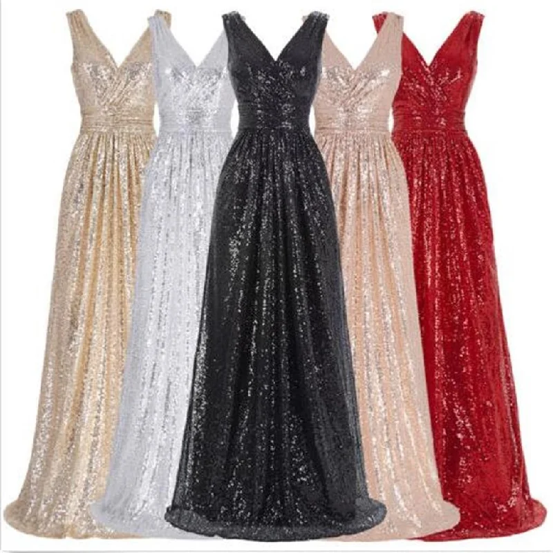 Clearance Event Long V-Neck Sequin Sparkly A-Line Red Black  Silver Bridesmaid Dresses , PD0299