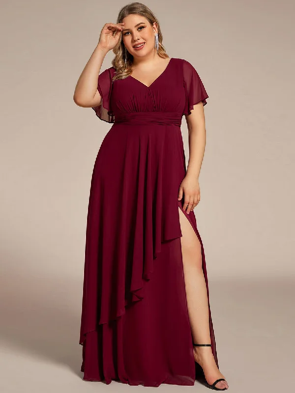 End - Of - Month Blowout Plus Side Split V Neck Ruched Wholesale Chiffon Bridesmaid Dresses