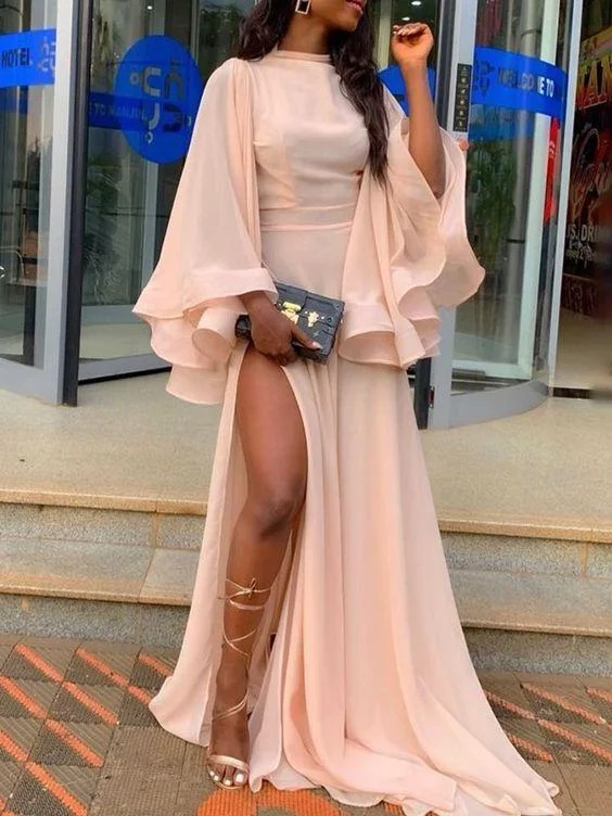 Chic Outfits chiffon prom dresses 2020 crew neck long sleeve side slit pink floor length evening dresses gowns   cg13547