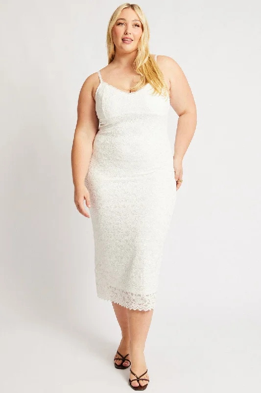 Wardrobe Essentials White Lace Bodycon Midi Dress