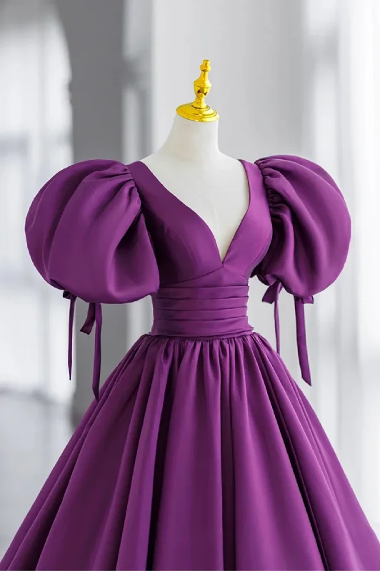 Style Upgrade Purple Puff Sleeves Satin Long Prom Dress, V-Neck Evening Dress Y856