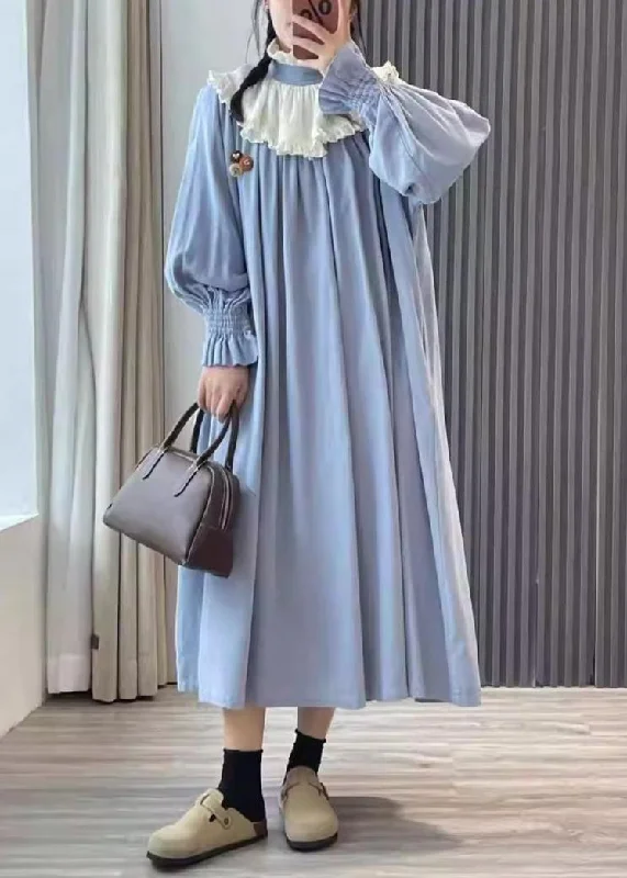 Great Prices On Feminine Styles Blue Pockets Cotton Dress Peter Pan Collar Long Sleeve