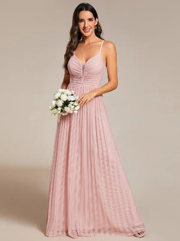 Limited - Stock Shimmer V Neck Floor Length Bridesmaid Dress With Spaghetti Straps