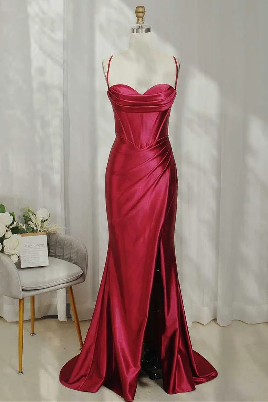 Y2K Nostalgic Fashion Look Mermaid Spaghetti Straps Satin Evening Dress Burgundy Cowl Neck Ruched Prom Dress Y449