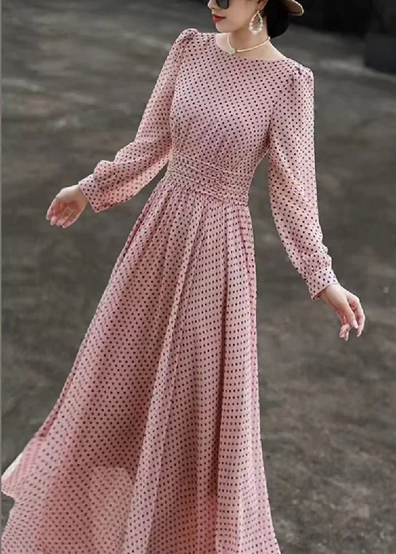 Chic Style Slim Fit Pink Dot O Neck Chiffon Dresses Long Sleeve