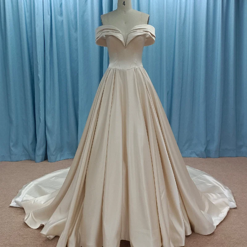 Seasonal Trends Off the Shoulder A-line Champagne Satin Wedding Dress with V Neck