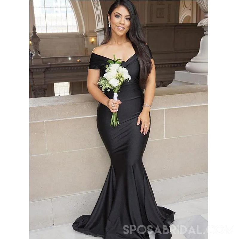 Disco - Inspired Retro Dance Look Simple Hot Prom Dresses, Off Shoulder Long Mermaid Black Bridesmaid Dresses, PD1158