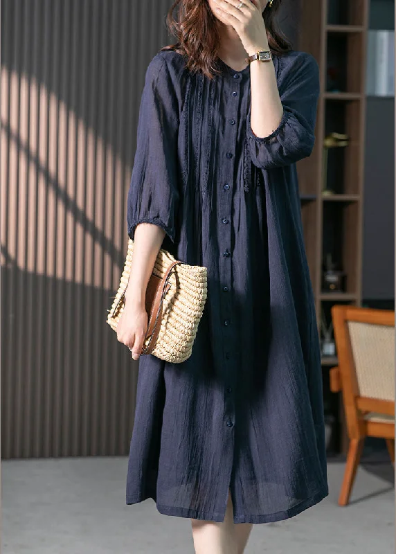 Buy More, Save More Navy Wrinkled Solid Linen Long Dresses Long Sleeve