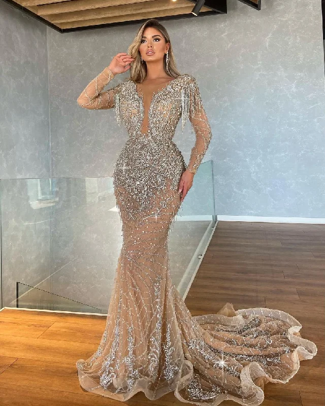 Style Upgrade Long Sleeve Silver Embellished Evening Gown