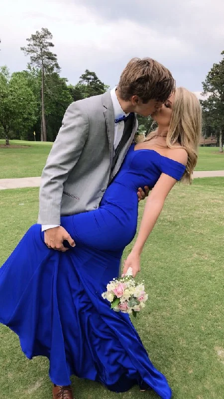 Best-Sellers Charming Mermaid Off the Shoulder Royal Blue Satin Prom Dresses,Evening Party Dresses  Y5766