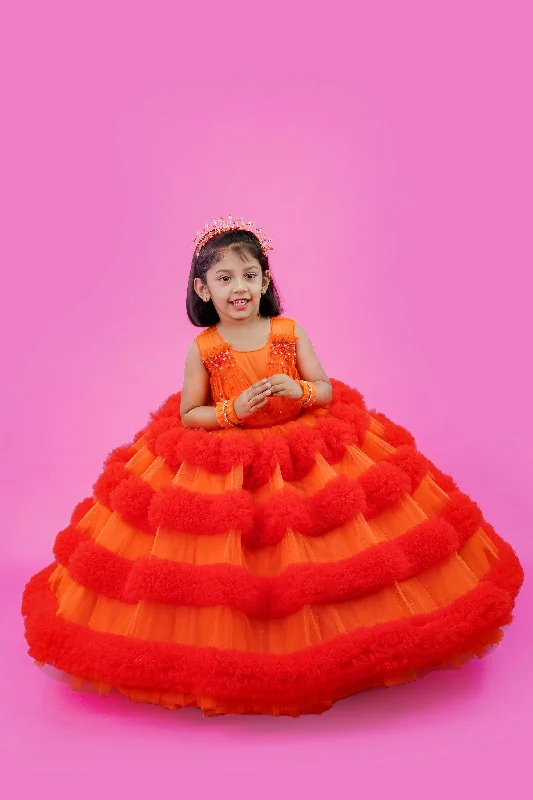 Exclusive Sale Pre-Order: Orange and deep reddish orange combo frilled ball gown