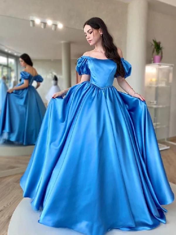 Save On Inspired Styles Blue Satin Long Prom Dress, A Line Long Graduation Dresses Y4600