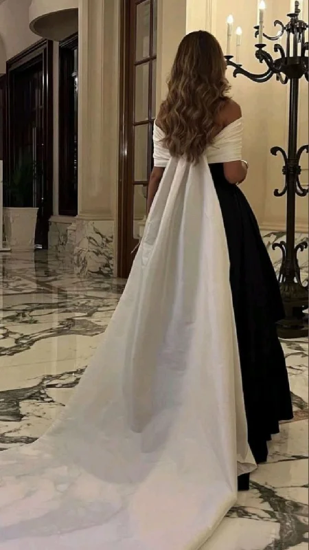 Exclusive Sale Luxury Black And White Satin Prom Dresses With Removable Tail Custom Made Cocktail Party Evening Dress Y5025