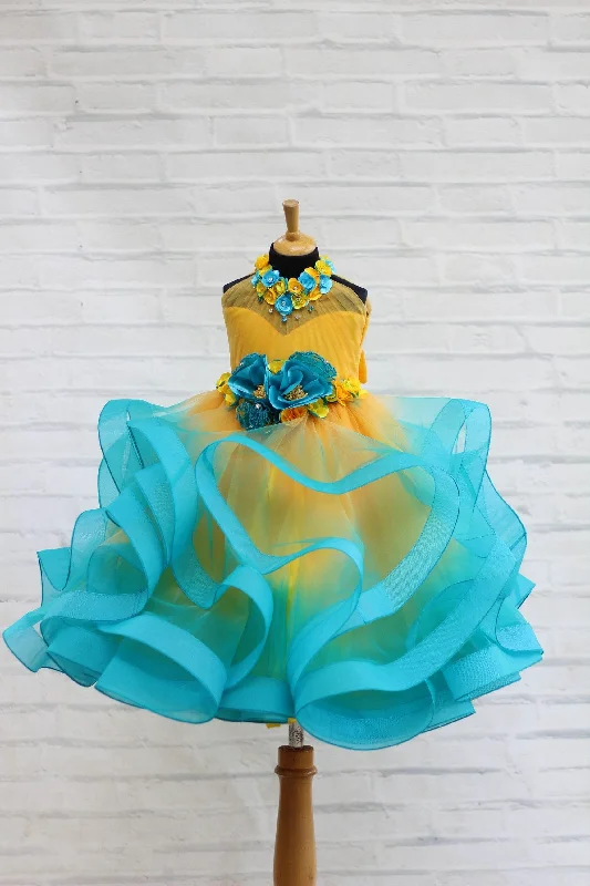 Save On Inspired Styles Pre-Order:  Yellow And Sea Blue Color Combo Halter Neck Twirled Couture Gown With Yellow And Sea Blue Flower Embellishments