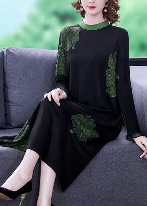 Feminine Soft - Hued Styles New Black O Neck Print Pockets Knitting Cotton Dresses Long Sleeve