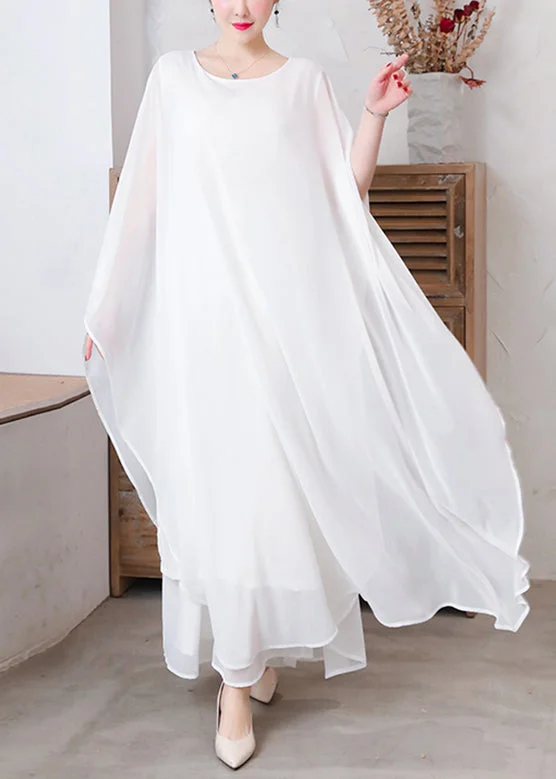 Holiday Sale White Solid Chiffon Long Holiday Dresses Long Sleeve