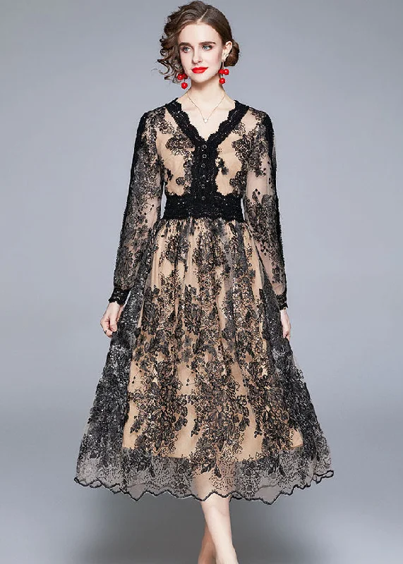 Mid - Season Sale Women Black V Neck Embroideried Patchwork Tulle Dresses Long sleeve