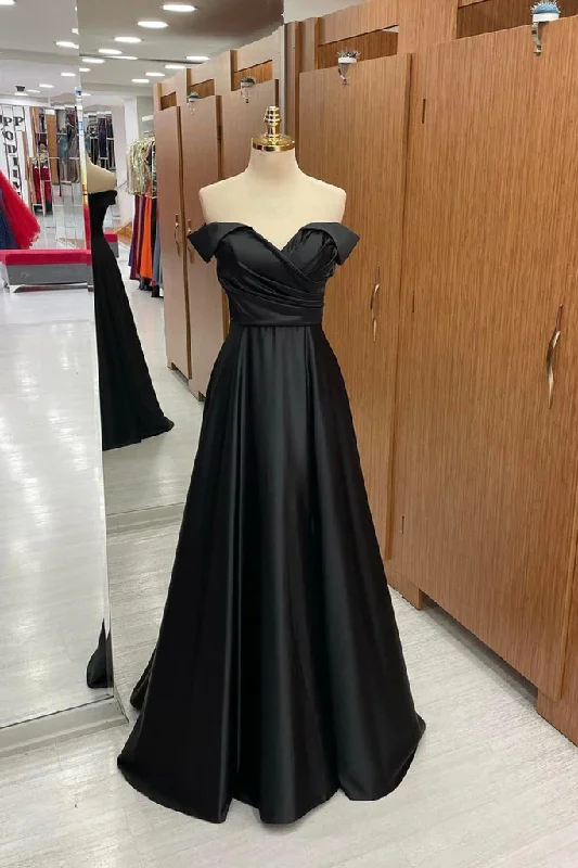 Update With Cottagecore Styles Off Shoulder Black Satin Long Prom Dress, Long Black Formal Graduation Evening Dress Y201