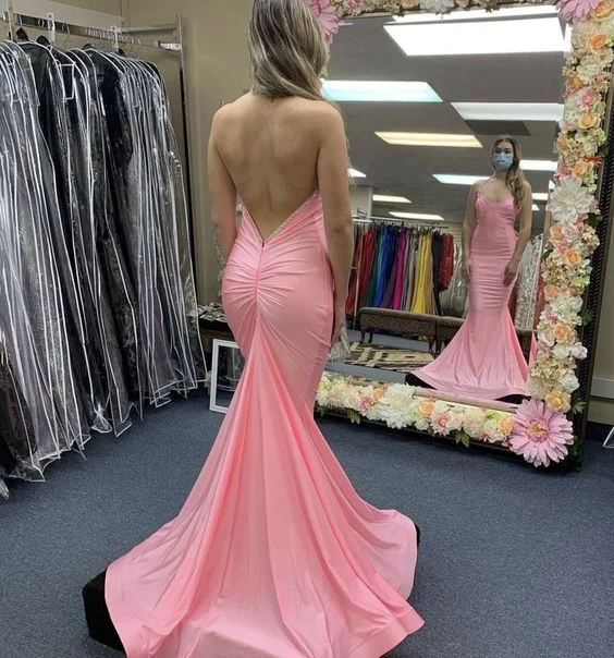 Fashion Sale Pink Satin Long Prom Dress Mermaid Evening Dress Y1025