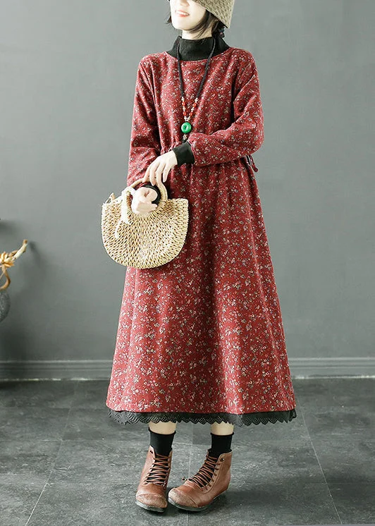 Trendy Styles Red Pockets Fleece Long Dresses Turtleneck Long Sleeve