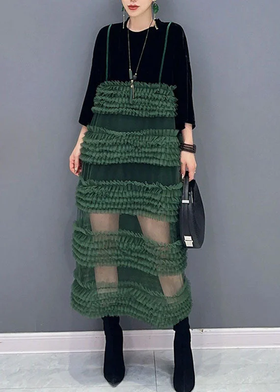 Special Occasion Wear Boho Black Patchwork Green O-Neck Fake Two Pieces Tulle Long Dresses Long Sleeve