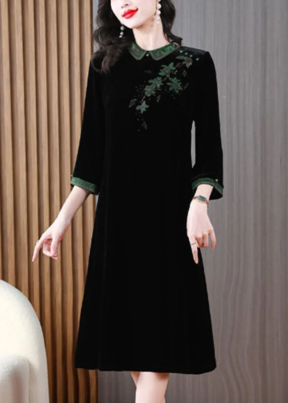 Today Only Vintage Green Peter Pan Collar Embroidered Silk Velour Long Dress Long Sleeve