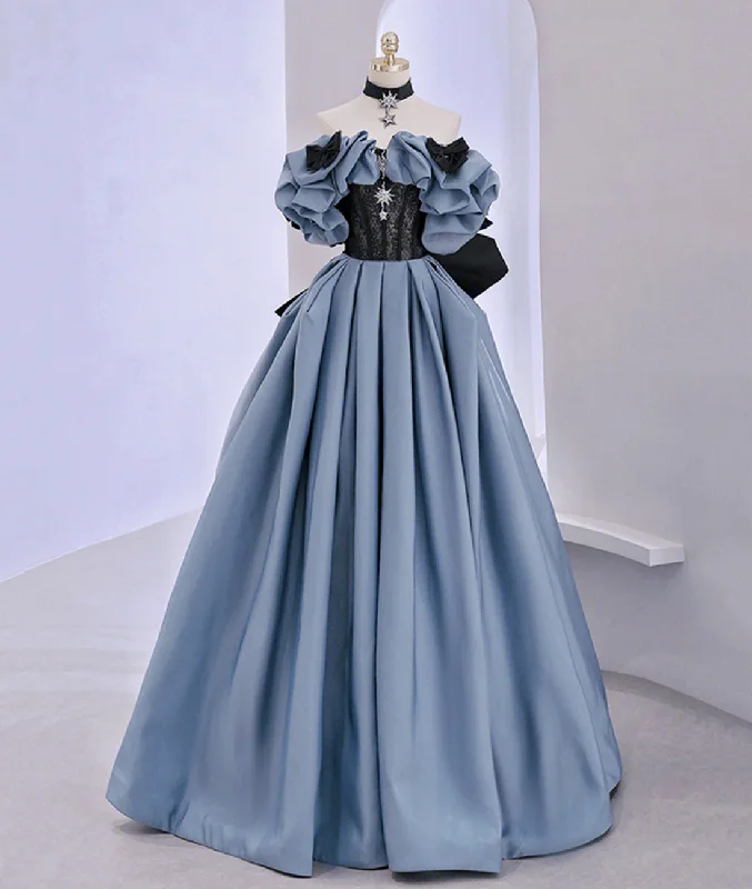 Chic Styles Off Shoulder Satin Lace Long Prom Dress, Blue Evening Dress Y2619