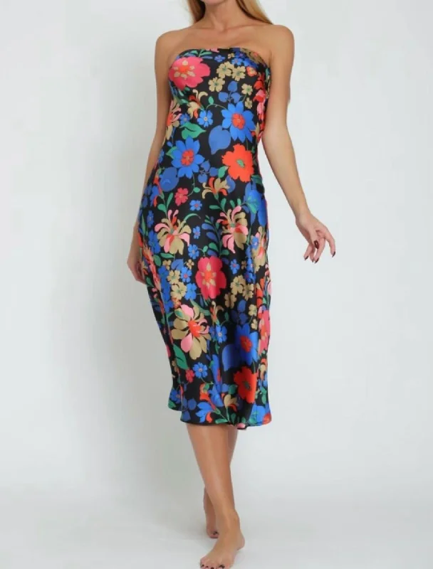 Lighten Up With Nordic Styles Floral Strapless Midi Dress In Black Multi