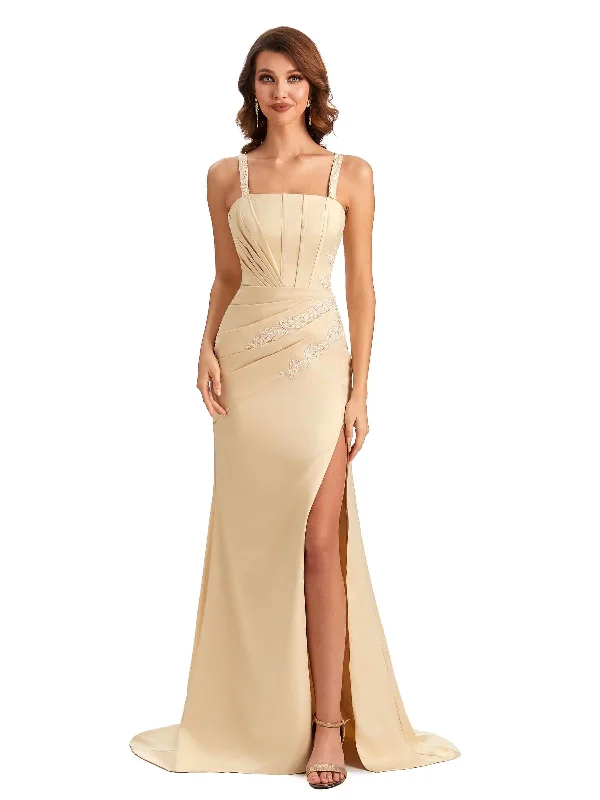 Best-Sellers Elegant Soft Satin Straight Neck Side Slit Lace Long Wedding Guest Dresses