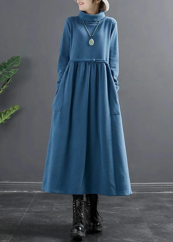 Chic Outfits Lake Blue Pockets Thick Cotton Knit Long Dresses Turtleneck Long Sleeve