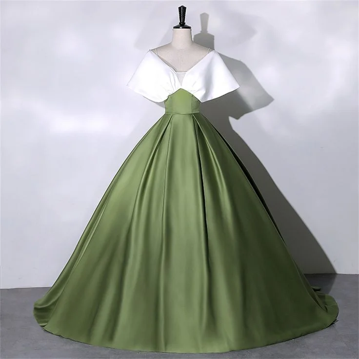 Holiday Sale White+Green Satin Prom Dress Elegant Quinceanera Dress Floor Length Green Dress Evening Dress Girls Princess Dress Y4598