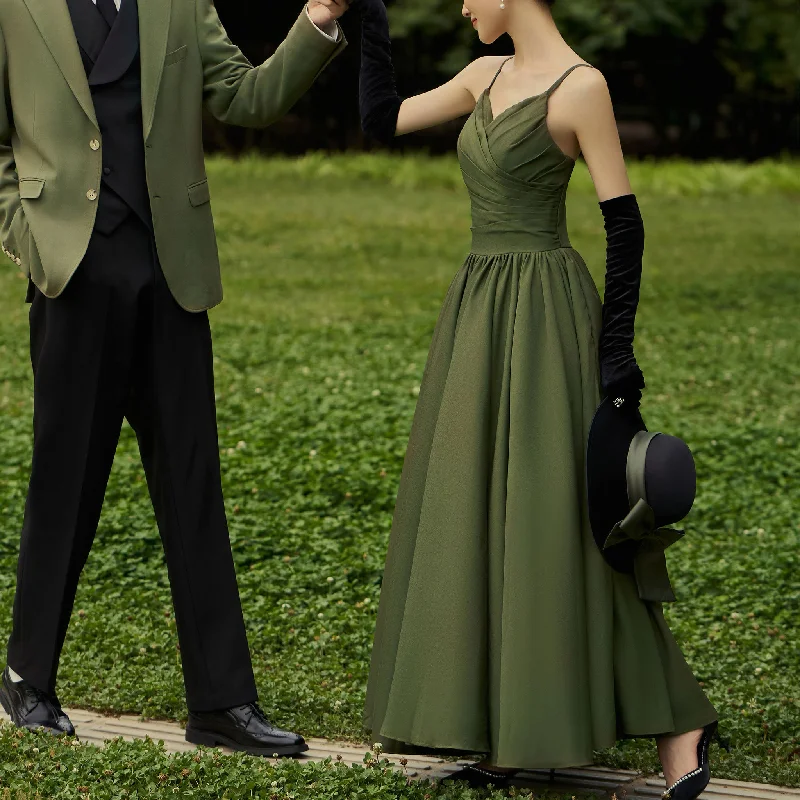 Flash Sale Moss Green Spaghetti Strap Formal Dress with Tea Length for Women