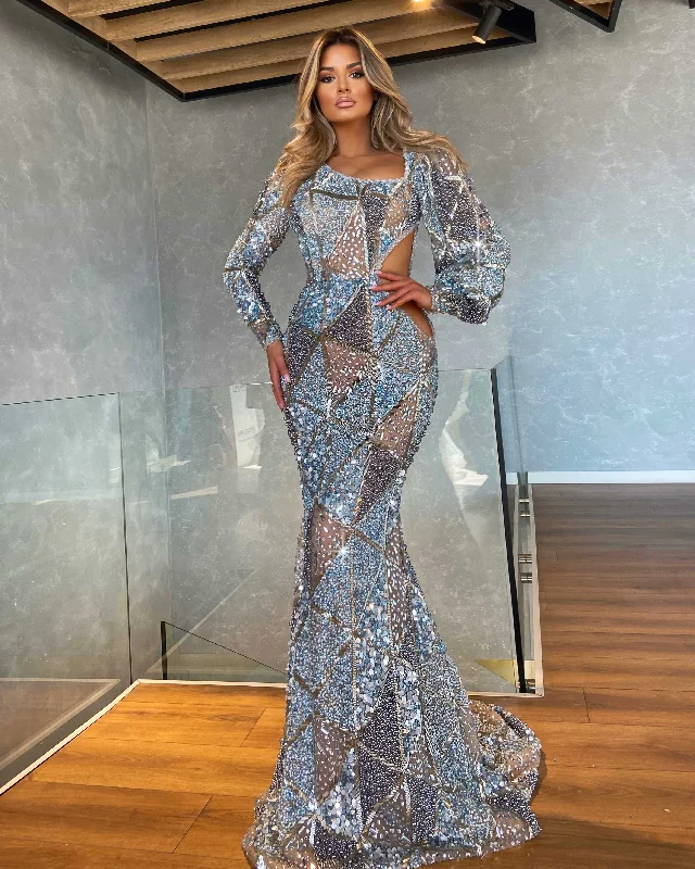 Chic Style Long Silver And Blue Mermaid Evening Gown