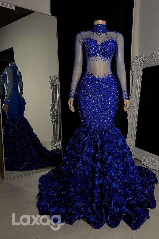 Mother'S Day Special 22576 - High-Neck Long Sleeves Beaded illusion Appliques Mermaid Prom Dresses for Black Girl Slay