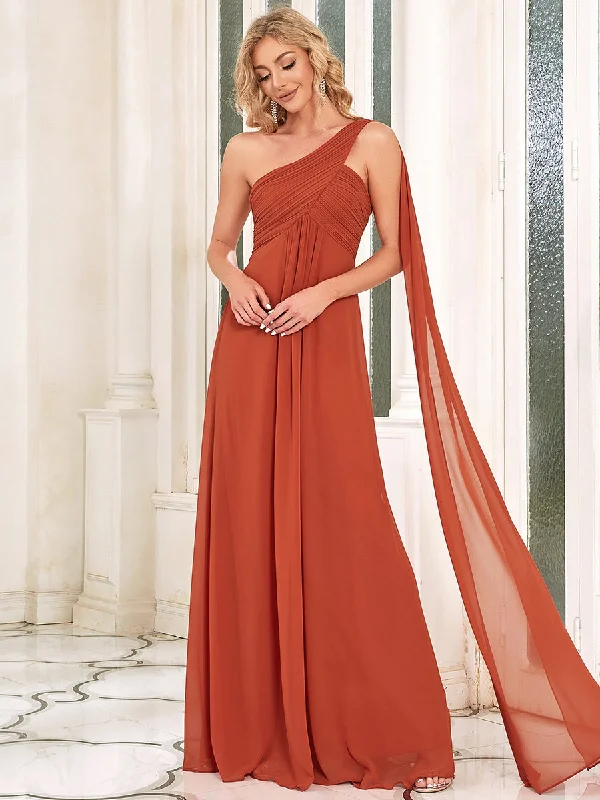 Coastal Beach - Inspired Style Elegant Pleated A-Line Floor Length One Shoulder Sleeveless Wholesale Bridesmaids Dress