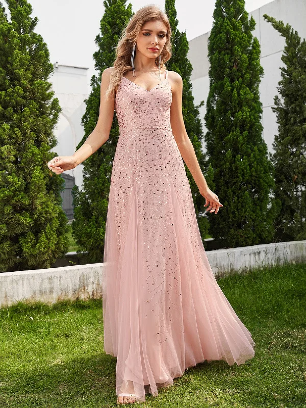 Feminine Soft - Hued Styles Glittery Sequin V Neck Spaghetti Strap Tulle Wholesale Bridesmaid Dress