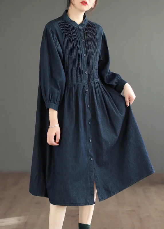 Parisian Effortless Chic Style Navy Solid Button Denim Blouses Dresses O Neck Long Sleeve