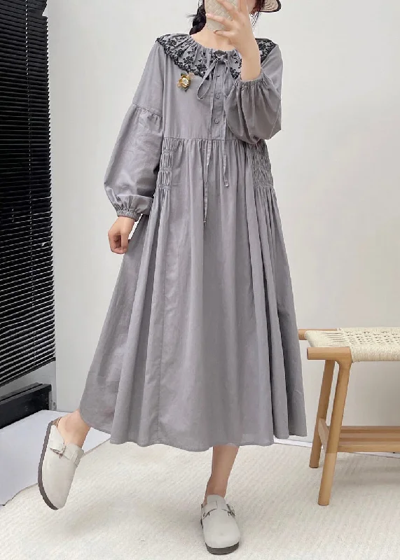 Chic Outfits Grey Button Wrinkled Cotton Dresses Embroidered Long Sleeve