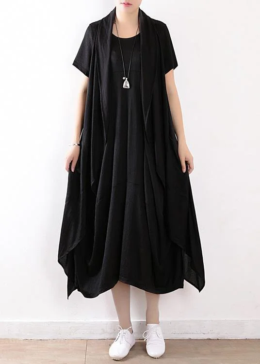 Hollywood Glam Award - Show Style fashion black linen cotton short sleeve dresses and sleeveless coat two pieces