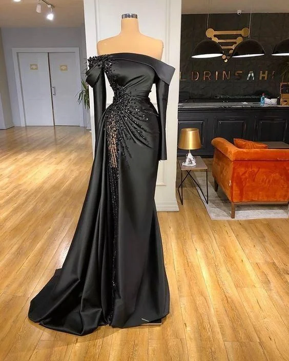 Fashion Sale black satin long prom dress mermaid evening dress  Y80